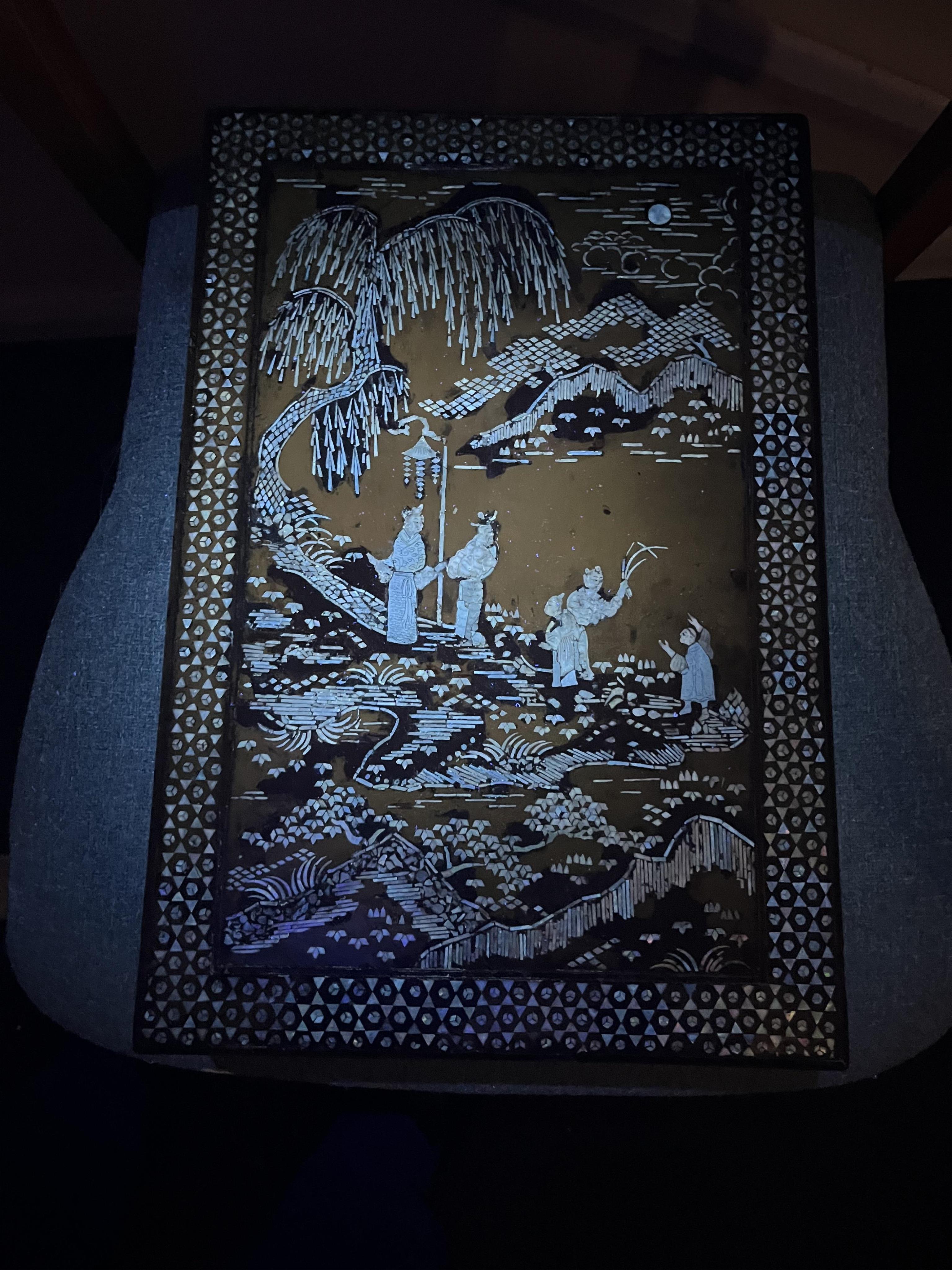 A Chinese Ming mother-of-pearl inlaid lacquer document box and cover, 15th century